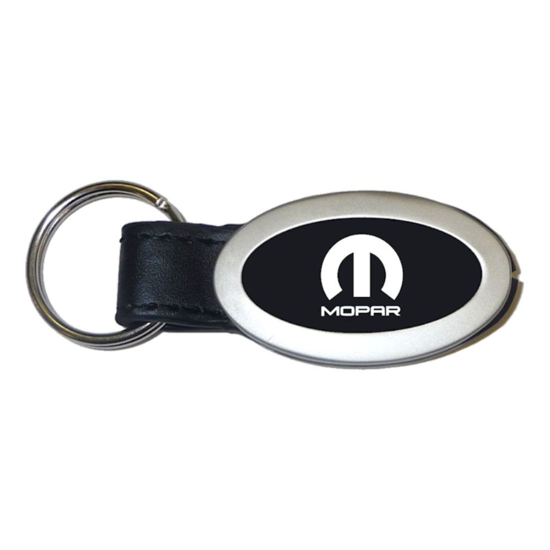 MOPAR Key Ring Black and Chrome Leather Oval Keychain